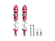 Two red GPM aluminium RC shock absorbers with double springs, accompanied by mounting screws, nuts, and ball ends on a white background.