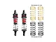 Two GPM Racing aluminium adjustable shock absorbers with red and black components, plus two sets of spare springs in gold and black.