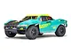ARRMA Fury 223S BLX RC short course truck in teal and yellow, featuring off-road tires and detailed body graphics on a white background.
