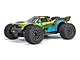 ARRMA Vorteks 4WD stadium truck in teal and neon yellow livery on a white background.