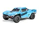 ARRMA Fury Mega 550 RC short course truck in blue with black racing decals and off-road tires, shown from a three-quarter angle on a white background.