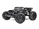 ARRMA Notorious 6S V6 BLX RC stunt truck in black, featuring large off-road tires, a classic truck body style, and a rear wing on a white background.