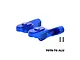 A pair of blue anodized aluminium rear wing mounts for an RC car, shown with two small black screws on a white background.