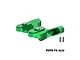 A pair of green anodized aluminium rear wing mounts for an RC car, shown with two small black screws on a white background.