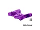 A pair of purple anodized aluminium rear wing mounts for an RC car, shown with two small black screws on a white background.