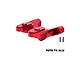 A pair of red anodized aluminium rear wing mounts for an RC car, shown with two small black screws on a white background.
