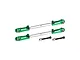 Two green and silver adjustable RC tie rods with two black mounting screws on a white background.