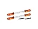 Two GPM Racing orange aluminium and silver stainless steel adjustable rear upper arm tie rods for RC cars, shown with two mounting bolts and nuts.