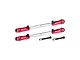 Two red and silver adjustable RC suspension tie rods with two black mounting screws and nuts on a white background.