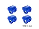Four blue anodized aluminium GPM Racing shock cap protectors arranged in a grid against a white background.