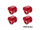 Four red anodized aluminium GPM Racing shock cap protectors arranged in a grid against a white background.