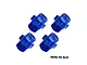 Four blue anodized aluminium GPM Racing wheel hex adapters arranged on a white background.