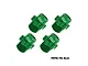 Four green anodized aluminium GPM Racing wheel hex adapters arranged on a white background.