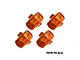 Four orange anodized aluminium wheel hex adapters for RC cars, arranged in a grid against a white background.