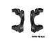 Two black GPM Racing aluminium front hub carriers (C-hubs) marked with L and R, isolated on a white background.