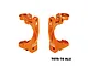 A pair of orange GPM Racing aluminium front hub carriers for RC cars, marked with L and R, isolated on a white background.