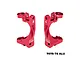 A pair of red anodized aluminium front hub carriers for RC cars, marked with L and R for left and right sides, featuring the GPM Racing logo.