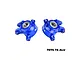 A pair of blue anodized aluminium RC front steering hubs by GPM Racing, featuring pre-installed ball bearings and marked with L and R indicators.