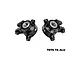 A pair of black GPM Racing aluminium front steering hubs with oversized bearings, marked L and R, isolated on a white background.