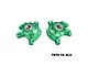 A pair of green GPM Racing aluminium front steering hubs with pre-installed bearings, marked L and R, against a white background.