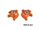 A pair of orange anodized aluminium front steering hubs for RC cars by GPM Racing, featuring pre-installed bearings and marked L and R.