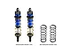 Two GPM Racing blue aluminium adjustable RC shock absorbers with gold springs, plus two additional black replacement springs on a white background.