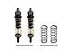 Two GPM Racing black aluminium RC shock absorbers with gold springs, plus two additional black springs, isolated on a white background.