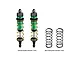 Two green and black GPM Racing adjustable RC shock absorbers with gold springs, alongside two spare black springs on a white background.