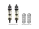 Two GPM Racing adjustable aluminium RC shock absorbers with gold springs installed, alongside two spare black springs on a white background.