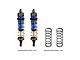 Two GPM Racing blue and black adjustable RC shock absorbers with gold springs installed, plus two spare black springs on a white background.