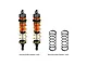 Two GPM Racing orange aluminium adjustable RC shock absorbers with gold springs, plus two additional black springs, on a white background.