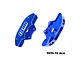 Two blue GPM Racing aluminium front brake calipers shown from front and rear angles against a white background.