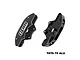 Two black GPM Racing aluminium front brake calipers for RC cars, shown from front and rear angles against a white background.