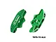 Two green anodized aluminium GPM Racing front brake calipers for RC cars, shown from front and rear angles against a white background.