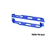 A pair of blue anodized aluminium chassis nerf bars for RC vehicles, featuring mounting holes and black screws, isolated on a white background.