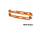 Two orange anodized aluminium chassis nerf bars for RC vehicles, featuring mounting holes and black screws, isolated on a white background.
