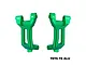A pair of bright green anodized aluminium front hub carriers for RC cars, marked with R and L for right and left sides.