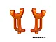 A pair of orange anodized aluminium front hub carriers for RC cars, marked with L and R for left and right sides, against a white background.