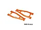 A pair of orange anodized aluminium front upper suspension arms for an RC car, featuring a lightweight design with silver mounting hardware.