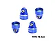 Four blue GPM Racing aluminium shock top caps for RC cars, shown from different angles against a white background.