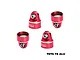 Four red GPM Racing aluminium shock top caps for RC cars, shown from different angles against a white background.