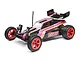 Losi Mini JRX2 1/16 scale RC buggy in black with pink and orange retro-style decals, featuring bright pink wheels and a rear wing.