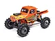Losi LMT Bog Hog 4X4 RC monster truck in orange with flame decals and aggressive mud-terrain tires on a white background.