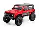 Hobby Plus CR-18P V3 Rushmore 1/18 scale RC rock crawler in red with a black roof, shown from a front three-quarter angle on a white background.