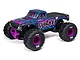 ARRMA Quake 223S BLX RC monster truck in purple and blue with aggressive tread tires, studio shot on white background.