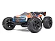 ARRMA Kraton 6S V6 BLX RC Truggy in blue and orange livery, viewed from a front three-quarter angle against a white background.