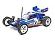 A blue Losi Mini JRX2 1/16 scale RC buggy with white wheels, a rear wing, and vintage-style racing decals on a white background.