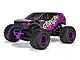 ARRMA GORGON 1/10 scale 2WD RC monster truck in purple and black with aggressive tread tires and custom decals on a white background.