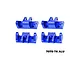 Four blue anodized aluminium lower shock mounts by GPM Racing, shown from different angles on a white background.
