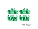 Four green anodized aluminium lower shock mounts from GPM Racing arranged in a grid on a white background.
